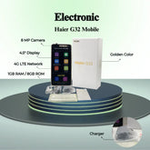 Haier G32 mobile phone with packaging on a stand, showing specifications.